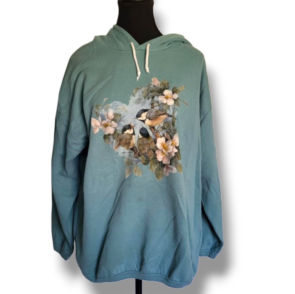 Vintage Hoodie Women's - Teal Blue-Green Sweatshirt, Chickadee Bird Scene, Cozy